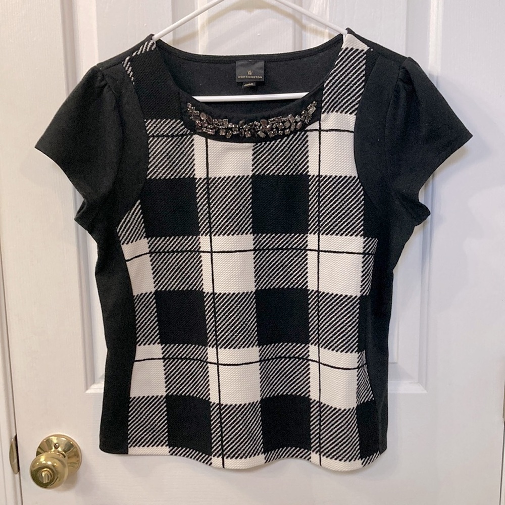JCPenney Worthington Black White Plaid Print Rhinestone Neck Blouse Size Medium